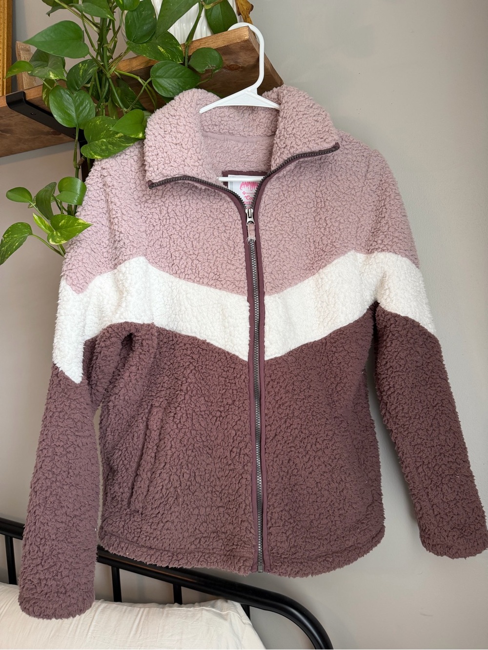 Colorblock Teddy Zip Jacket - Pink/White/Brown